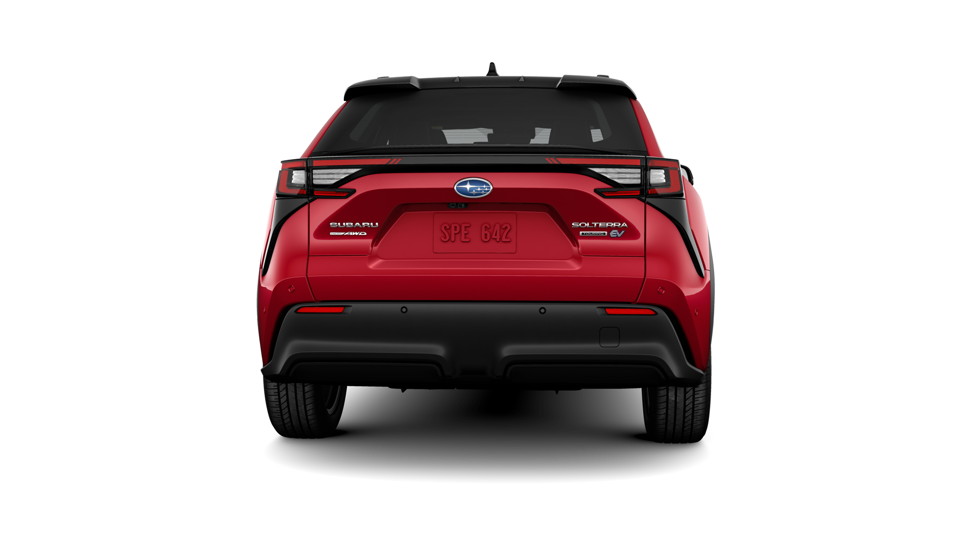 2024 Subaru Solterra in Elemental Red Pearl Two-Tone.